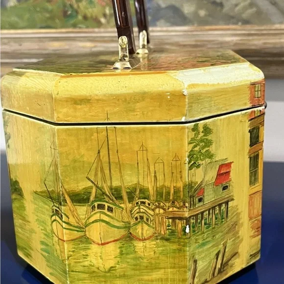 Floral Building Scenic Wood Box Purse Bag Pink Orange Green Vintage 60s 70s - Picture 4 of 8